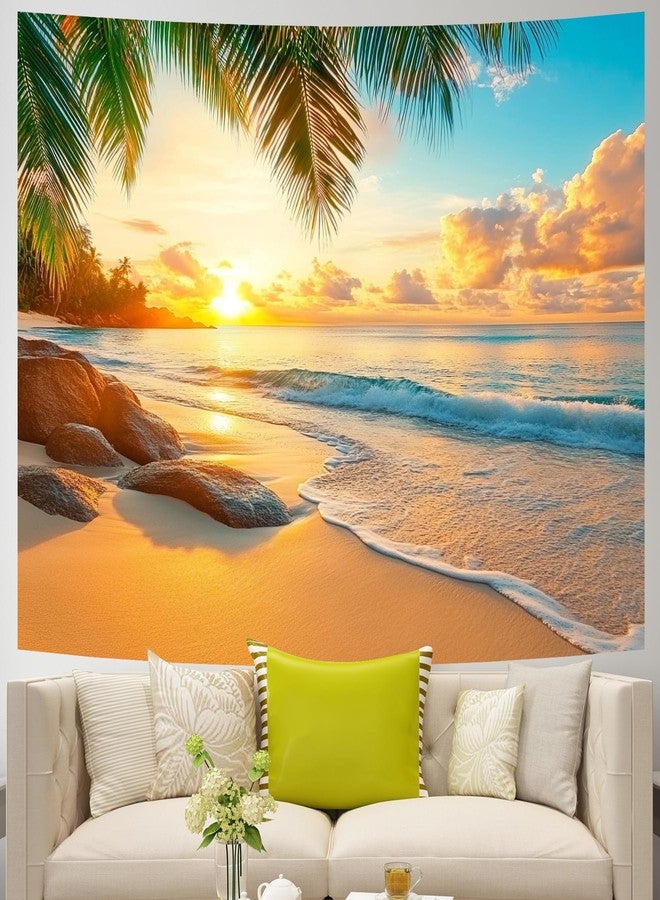 AOHMPT Ocean Tapestry, Beach Evening Sunset Tapestry, Natural Beach Palm Tree Landscape Tapestries Poster, Seaside Landscape Wall Hanging for Bedroom, Dorm Room and Living Room Wall Decor 79" L x 59" W - Image 2